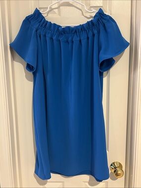 ⚜️ Pleione Beautiful Electric Blue Off-Shoulder Mini Dress with Flutter Sleeves.